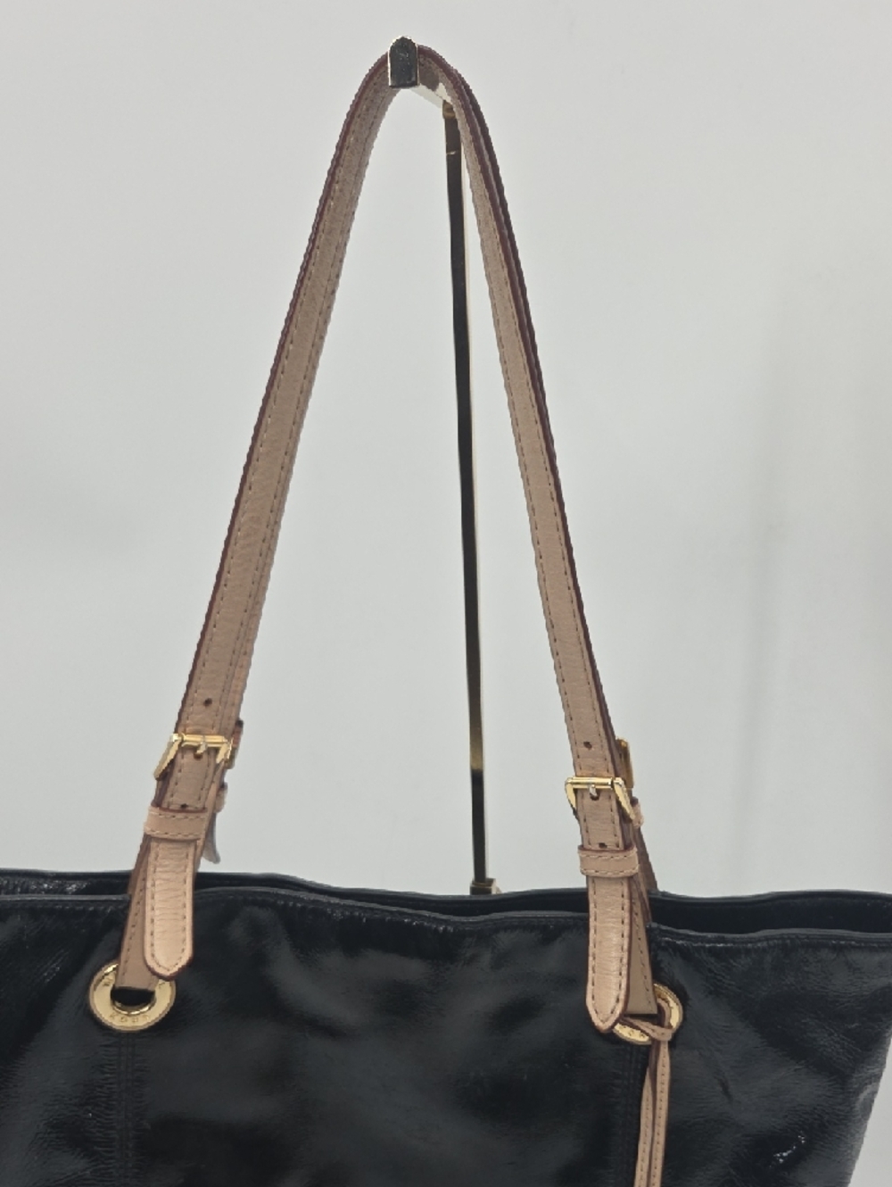 Michael Kors Black Patent Tote with Tan Straps and Gold MK Charm - Picture 5 of 16